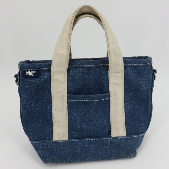 Lands End Small Solid Blue 3 Pocket Zip Top Canvas Tote Bag Crossbody D Rings - Picture 15 of 15